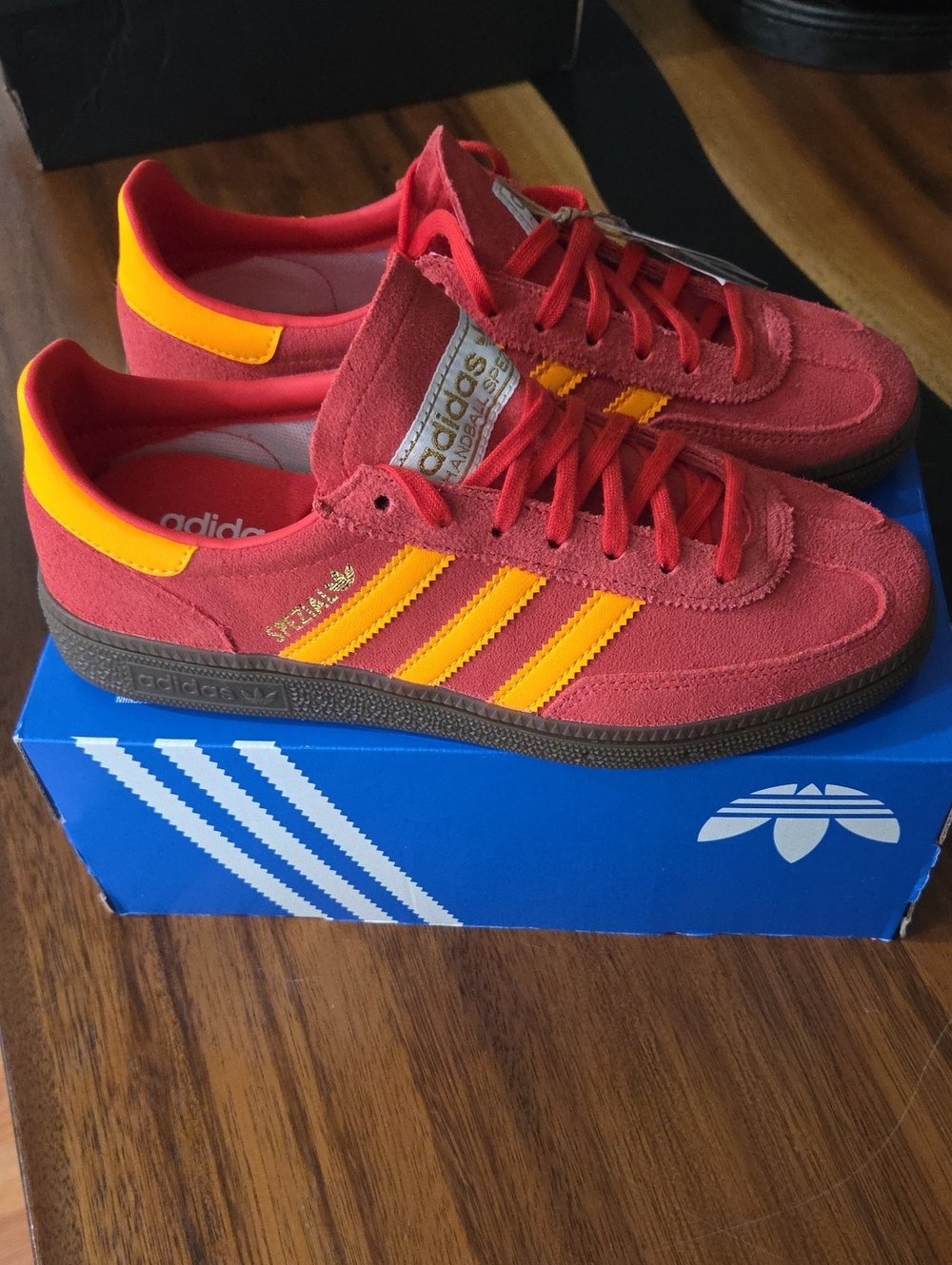 Adidas Spezial Red Suede with Orange Stripes 6 Juniors/7.5 Women